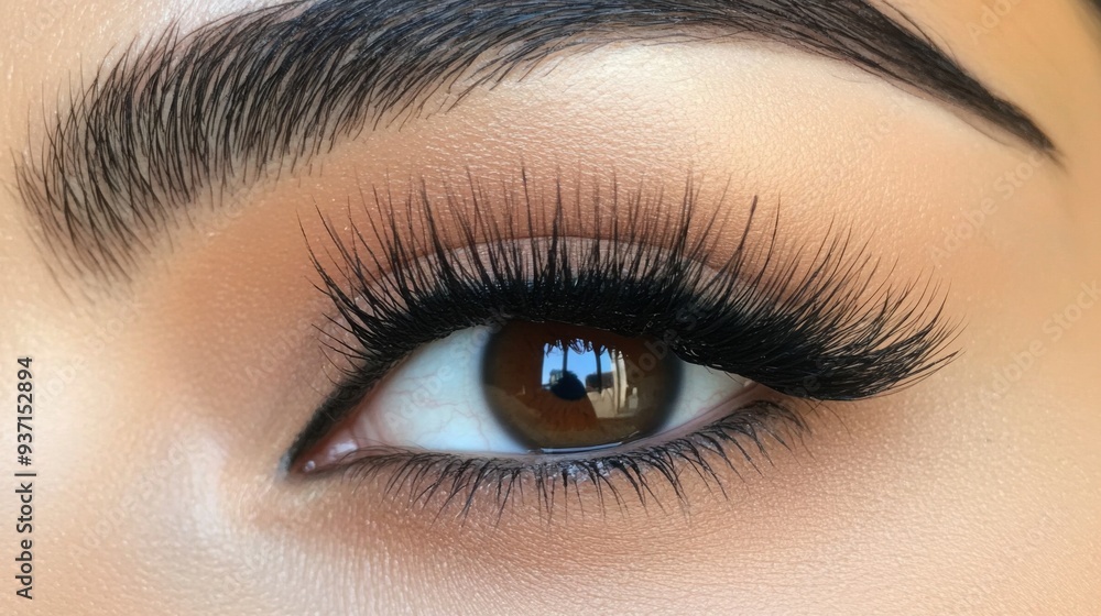 Obraz premium A detailed shot of a woman's eye, showcasing perfectly applied eyeliner and long, voluminous lashes, with a subtle hint of eyeshadow.