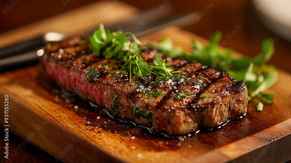 A detailed view of a steak with a perfectly seared crust, served on a wooden board with a garnish of fresh herbs and a side of steak knives. A detailed view of a steak with a perfectly seared crust, served on a wooden board with a garnish of fresh herbs and a side of steak knives.