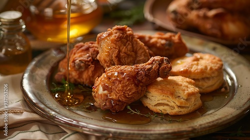 On an earthy table fried chicken and biscuits dripping with honey are presented