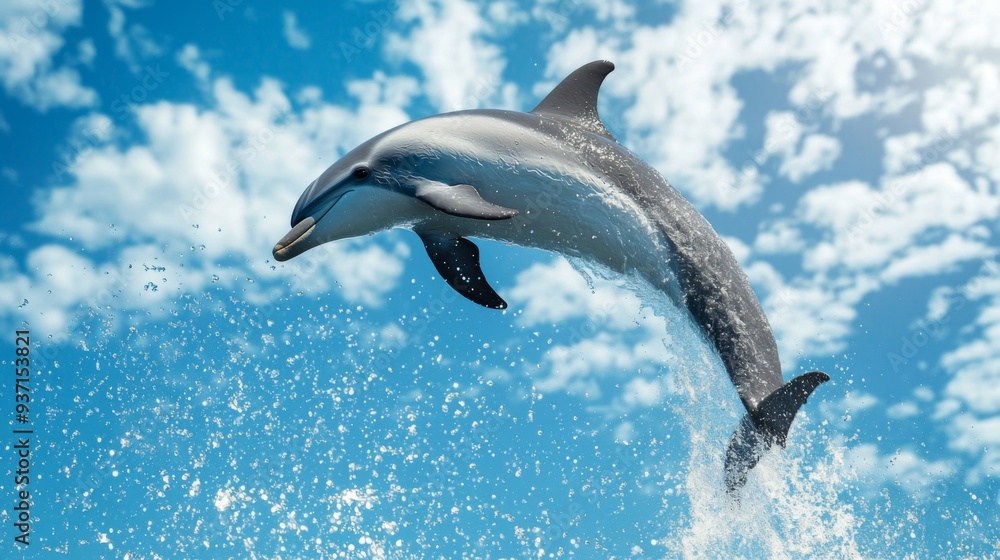 Obraz premium A dolphin performing a backflip in the air, with water droplets frozen in mid-air and a vibrant blue sky in the background. -
