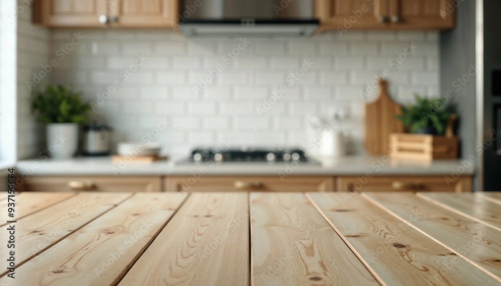 Wooden table in modern kitchen with blurred background Wooden table in modern kitchen with blurred background