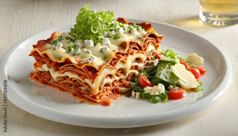 Delicious lasagna with fresh salad on a white plate Delicious lasagna with fresh salad on a white plate