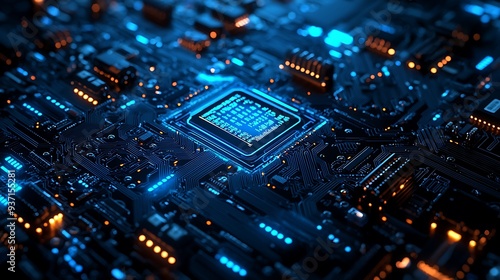 Abstract circuit board with blue and orange lights, illustrating the dynamic flow of technology and modern electronic design.