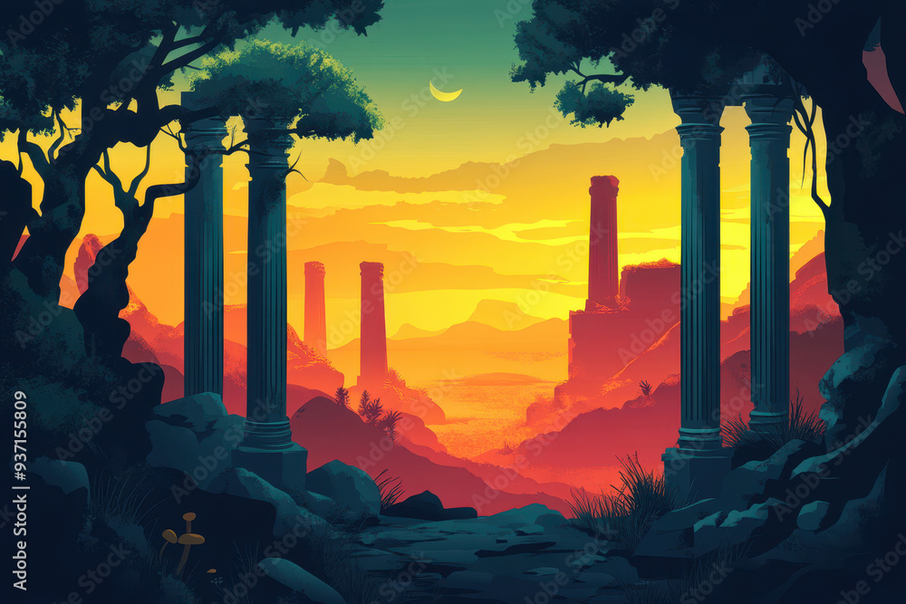 Silhouetted Columns Framing a Sunset Over a Distant City