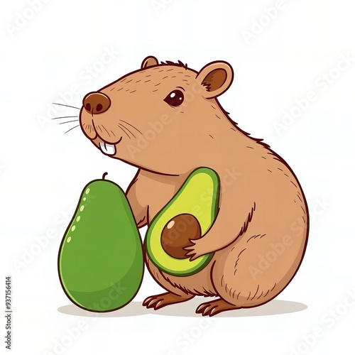 cartoon hamster with avocado and pear on white background. photo