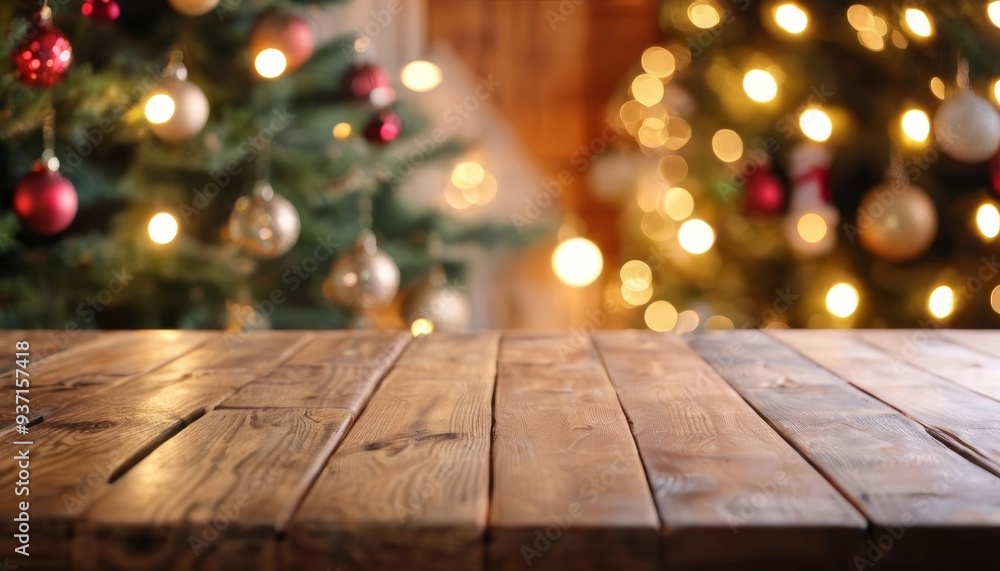 Cozy Christmas setting with wooden table and twinkling lights Cozy Christmas setting with wooden table and twinkling lights