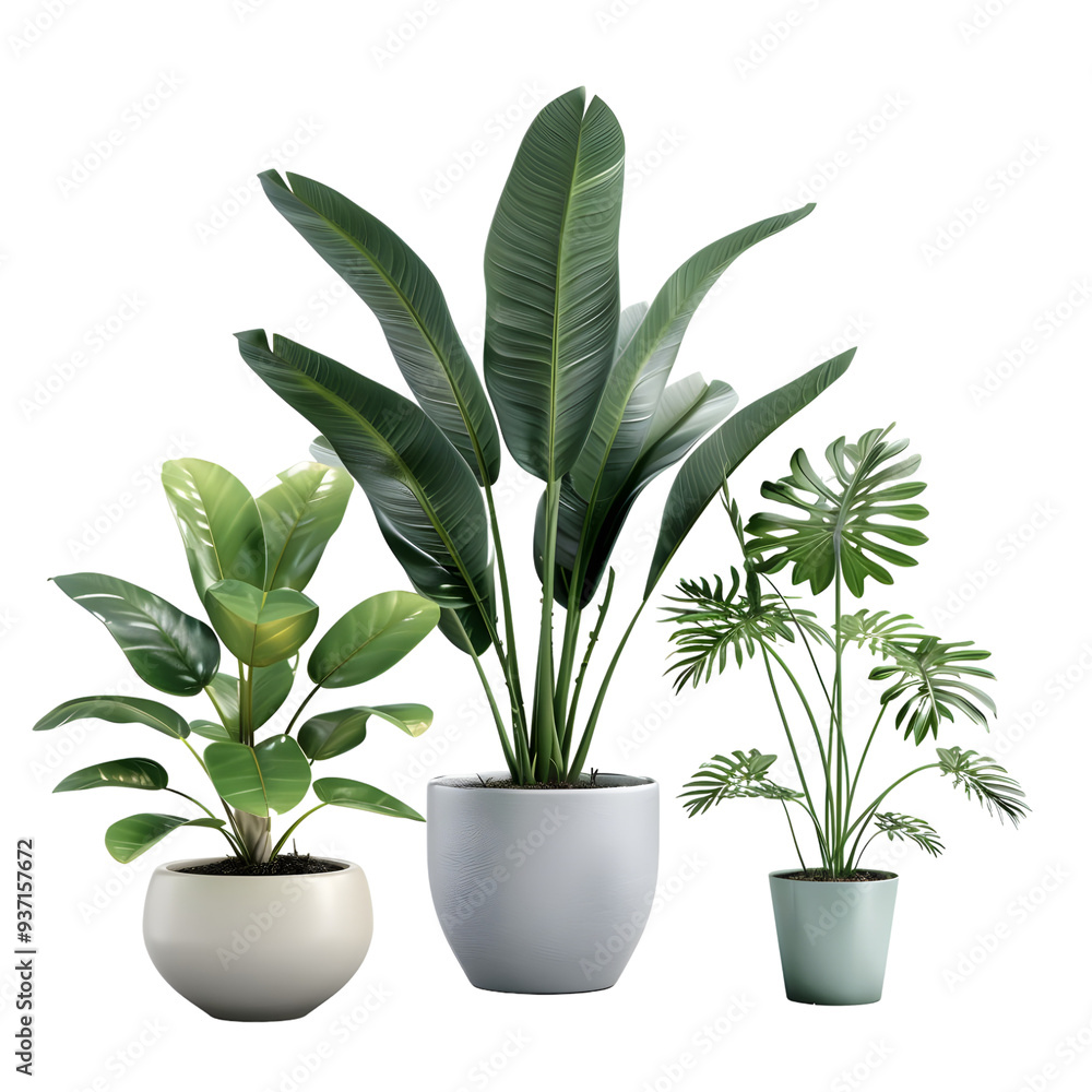 Fototapeta premium Realistic house plants set with Monstera Sansevieria and Banana plant