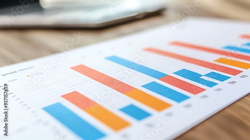 Closeup of a colorful bar chart on white paper resting on a wooden table, emphasizing detailed analysis and presentation.