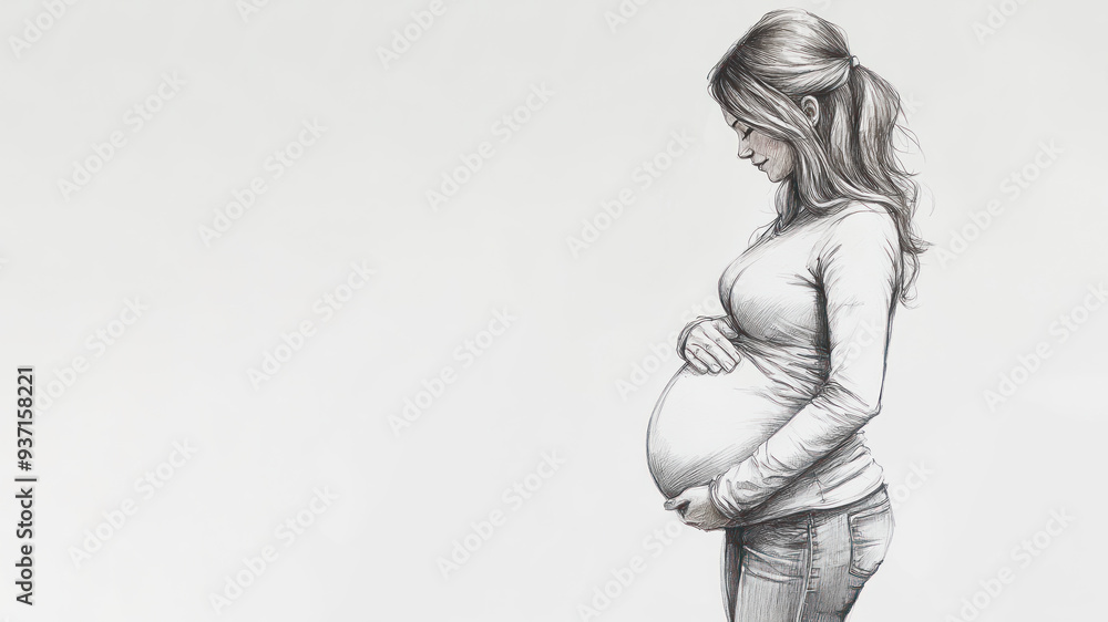Pencil sketch outline of pregnant woman touching her belly Pencil sketch outline of pregnant woman touching her belly