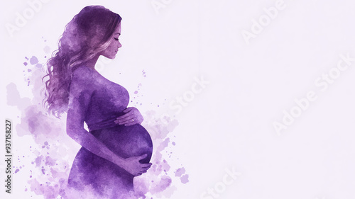 Purple watercolor painting of pregnant woman touching her belly