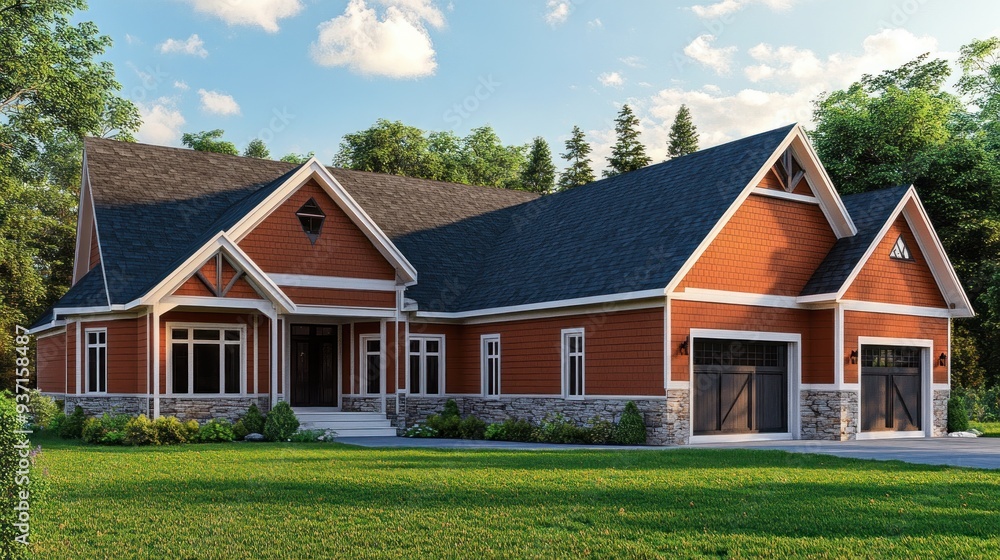Fototapeta premium A modern, two-story house with a large front yard and a two-car garage, featuring a stone facade and wood siding, all bathed in the warm glow of a sunny day.