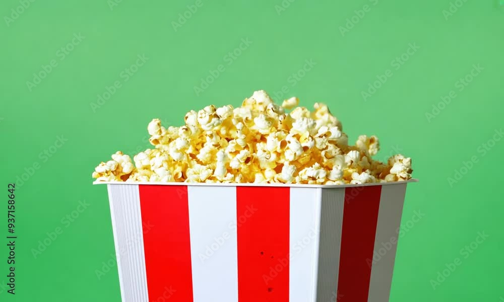 Popcorn Flying Out of Red and White Striped Paper Box on Green Background Popcorn Flying Out of Red and White Striped Paper Box on Green Background