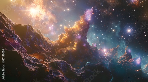 A Cosmic Landscape with Glowing Nebulae and Stars photo