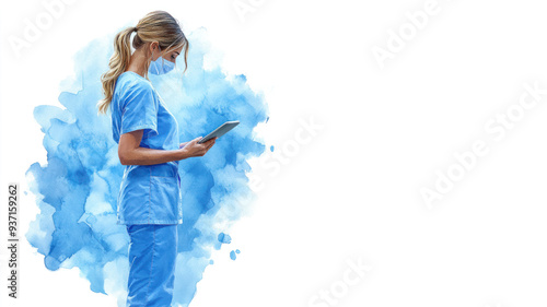 Blue watercolor painting of a nurse holding tablet, healthcare technology
