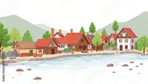 illustration of a cartoon village with a river and houses.