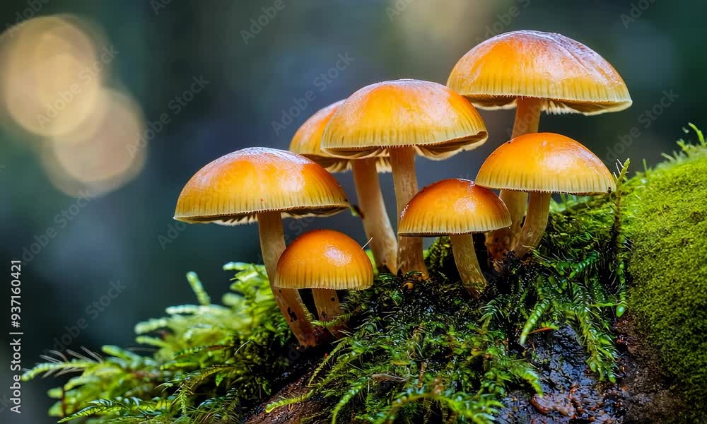Golden mushrooms growing on moss-covered log in forest Golden mushrooms growing on moss-covered log in forest