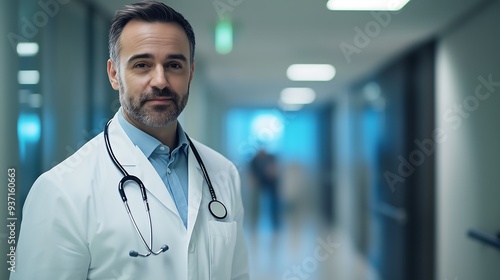 confident male doctor wearing a white coat and stethoscope, standing in a modern hospital corridor