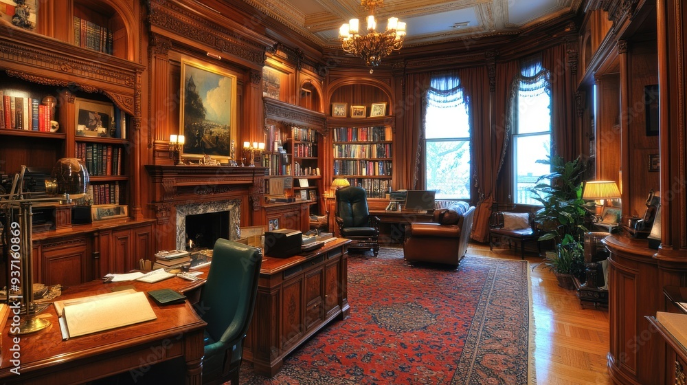 A luxurious, wood-paneled library with a large desk, leather chairs, and a fireplace. The room is filled with bookshelves, paintings, and lamps. A luxurious, wood-paneled library with a large desk, leather chairs, and a fireplace. The room is filled with bookshelves, paintings, and lamps.