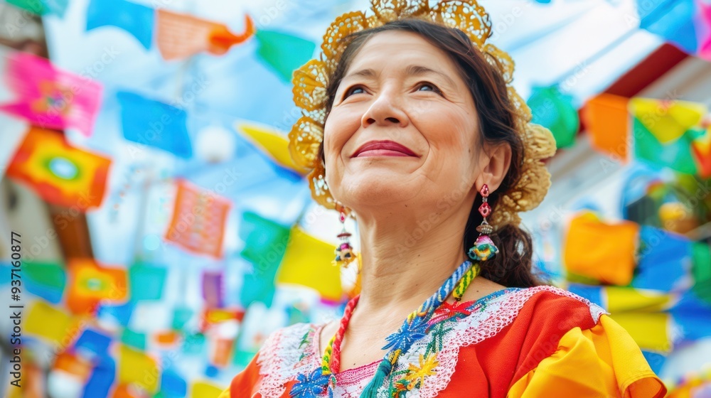 Woman in Festive Attire Surrounded by Colorful Flags Woman in Festive Attire Surrounded by Colorful Flags