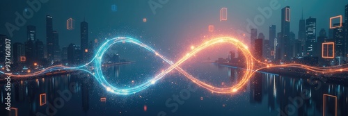 A vibrant digital infinity symbol glowing in blue and orange, symbolizing limitless opportunities and innovation in technology, business, and finance. photo