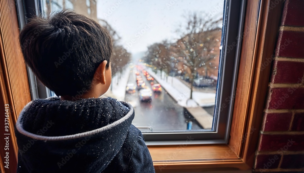Latino child on Christmas watching the snow-covered road through the window, enjoying the holiday season