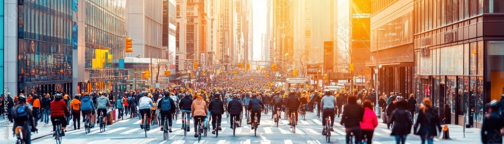 Obraz premium A busy city street at sunset, filled with pedestrians crossing, showcasing urban life and vibrant city energy.