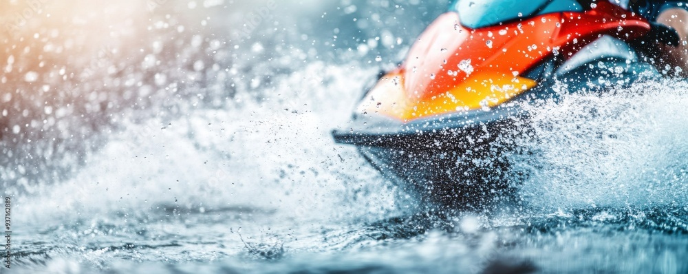 Fototapeta premium A dynamic jet ski racing through splashing water, capturing the thrill and excitement of water sports and outdoor adventure.