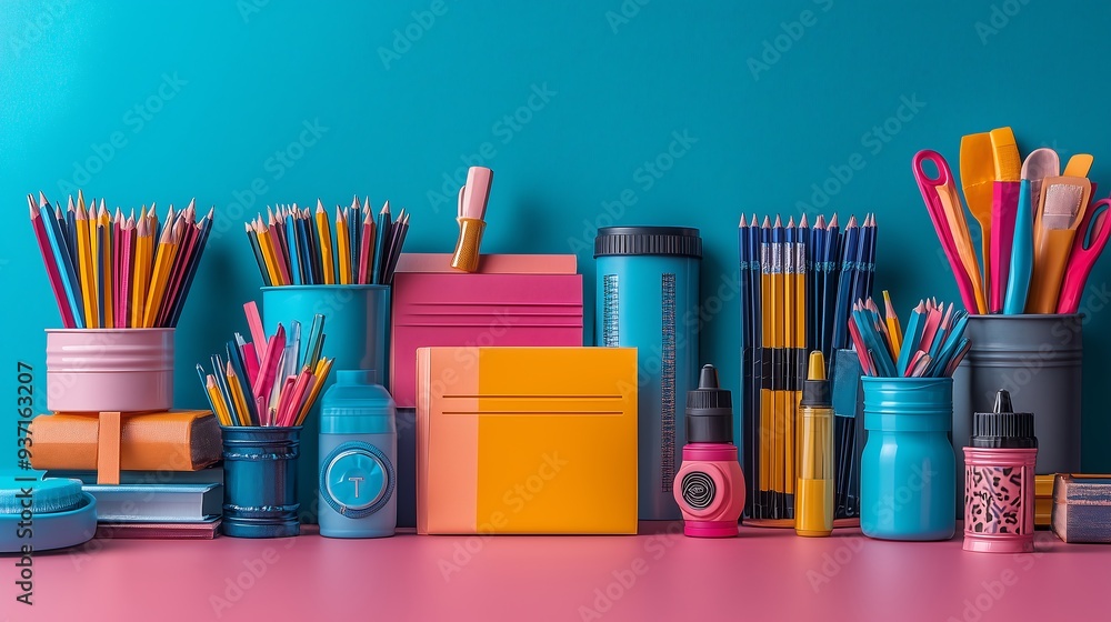 Obraz premium background professional photographic studio, graduation, large size school supplies, vivid colors