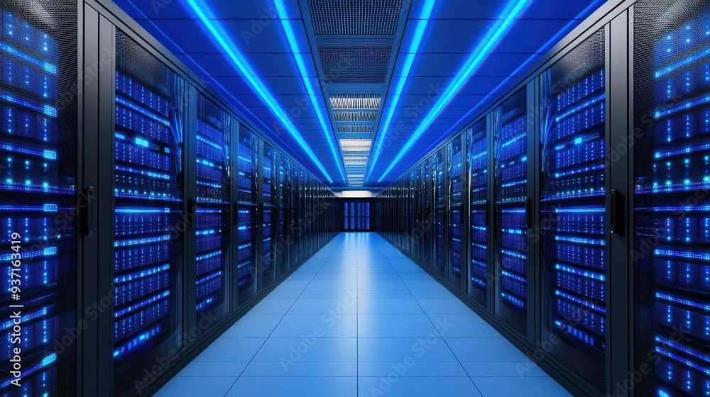 A modern server room illuminated with blue lights, showcasing rows of high-tech servers in a sleek, organized layout. A modern server room illuminated with blue lights, showcasing rows of high-tech servers in a sleek, organized layout.