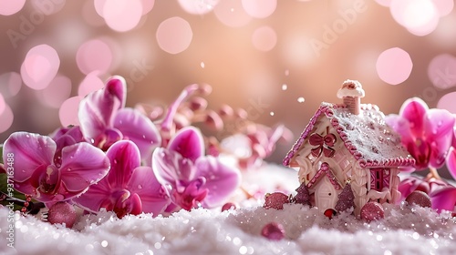 Orchid background with a solitary christmas candy house