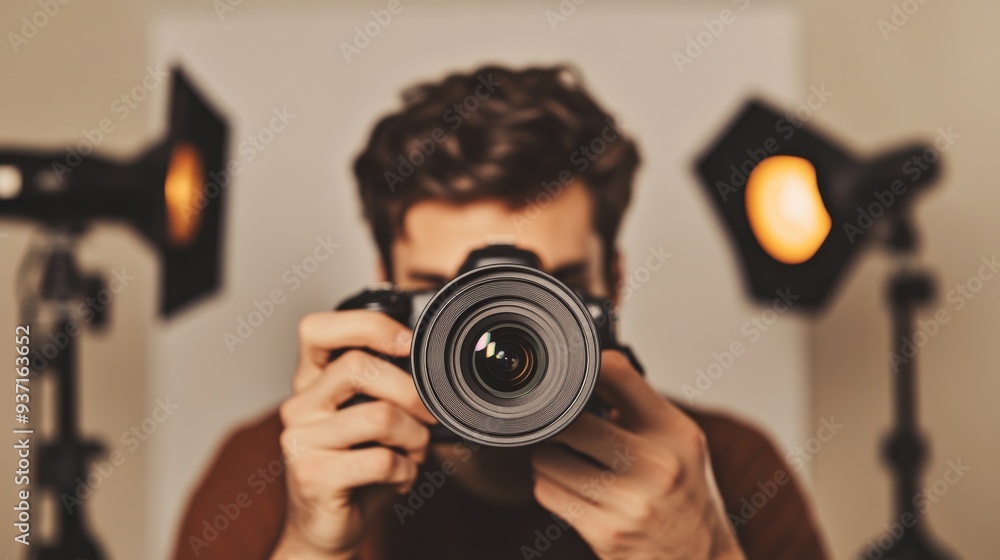A photographer holding a camera, ready to capture the perfect shot in a well-lit studio environment. A photographer holding a camera, ready to capture the perfect shot in a well-lit studio environment.