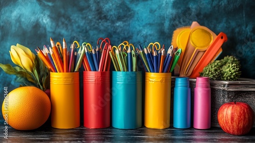 background professional photographic studio, graduation, large size school supplies, vivid colors