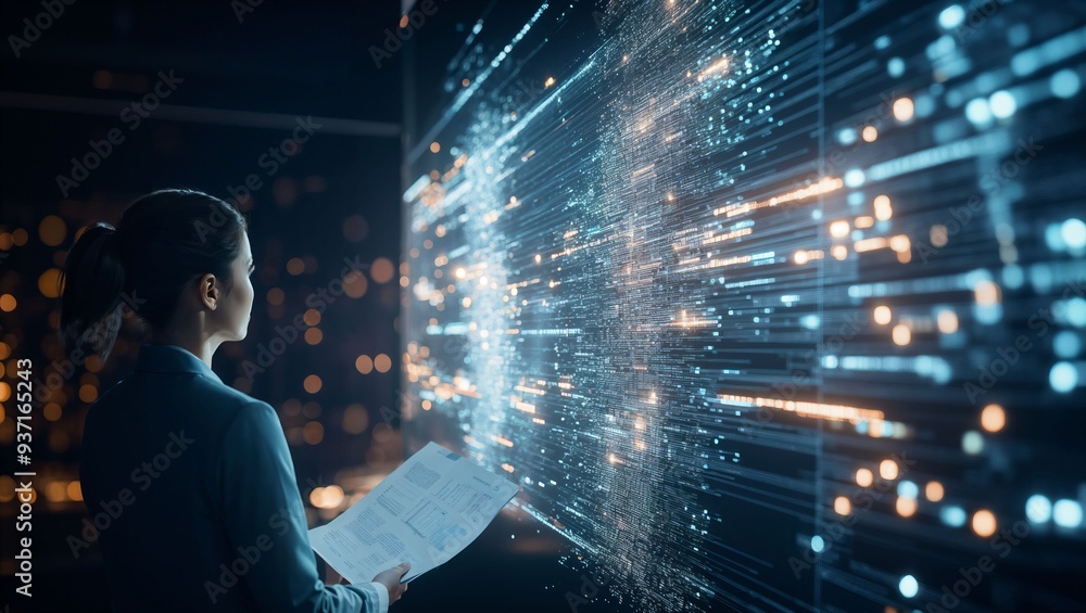 A professional woman contemplates projected data, embodying the fusion of technology and intellect in a modern workspace filled with shimmering lights and information flow. A professional woman contemplates projected data, embodying the fusion of technology and intellect in a modern workspace filled with shimmering lights and information flow.