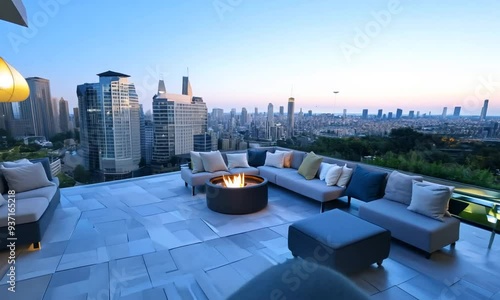 Wallpaper Mural A luxurious rooftop terrace with modern furniture and a stunning city skyline view. Torontodigital.ca