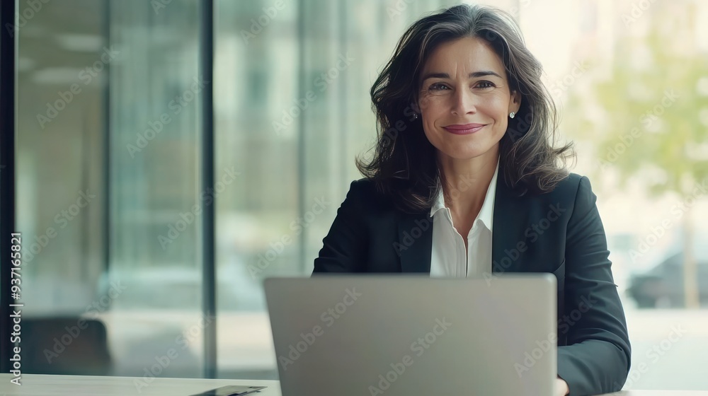 Confident Businesswoman Working on Laptop in Office Confident Businesswoman Working on Laptop in Office