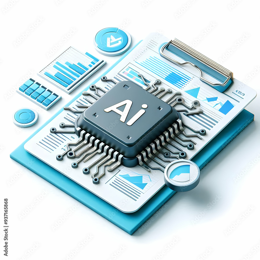 3D Icon as AI chip and financial report concept as An AI chip icon paired with a financial report representing the integration of AI hardware in financial data processing ideal for isolated vector des 3D Icon as AI chip and financial report concept as An AI chip icon paired with a financial report representing the integration of AI hardware in financial data processing ideal for isolated vector des