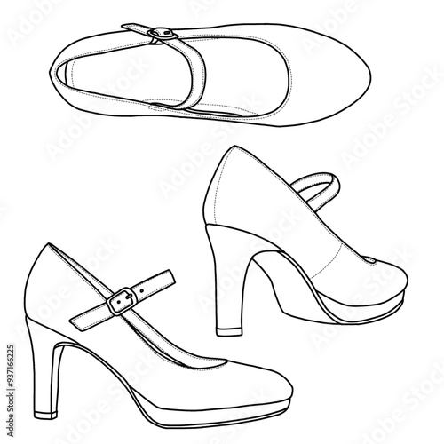 Women's Close Toe Classic High Heels Round Toe, Low Platform, Pumps Shoes Line art, Technical sketch hand drawing outline vector doodle illustration various view isolated on white background