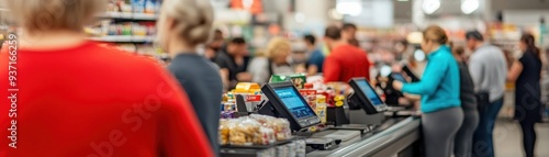 Busy grocery store checkout with customers shopping and waiting in line, showcasing a vibrant retail environment.