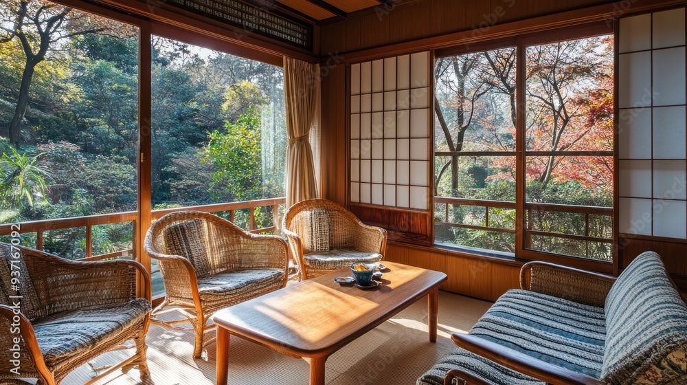 Fototapeta premium Traditional Japanese room with a view of a lush garden.