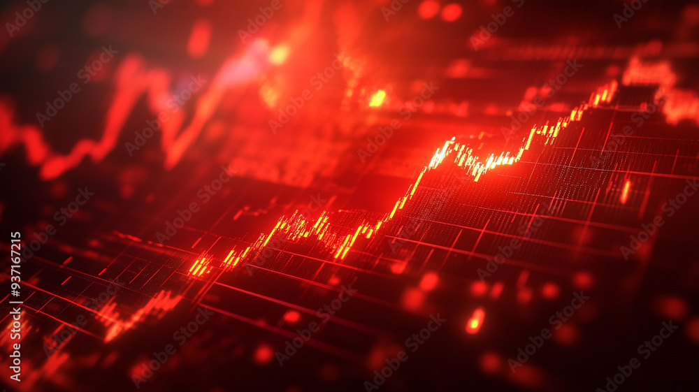 Dynamic red trading graph showcasing fluctuating financial trends and market volatility in a digital format over a dark background Dynamic red trading graph showcasing fluctuating financial trends and market volatility in a digital format over a dark background