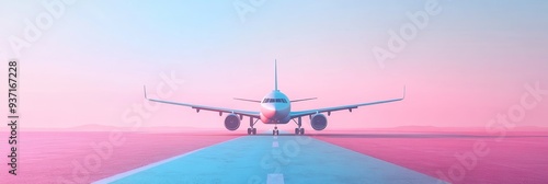 Airplane on Runway with Pink and Blue Gradient Sky - A commercial airplane sits on the runway, ready for takeoff, against a backdrop of a stunning pink and blue gradient sky. This image symbolizes tra photo