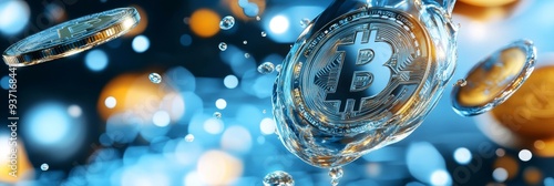 Bitcoin Coin in Water Drops - Digital Currency Concept - A single Bitcoin coin encased in a water droplet, symbolizing the digital nature of cryptocurrency, its value and potential for growth, amidst  photo