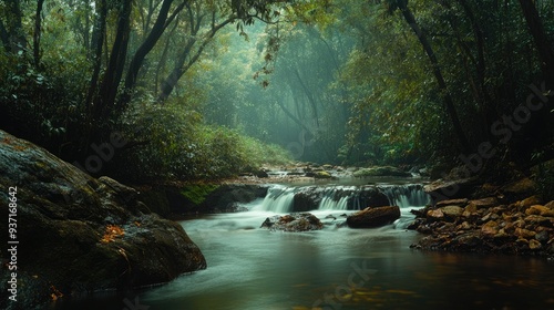 Tranquil South Asian stream flowing through the forest, with space for copy.