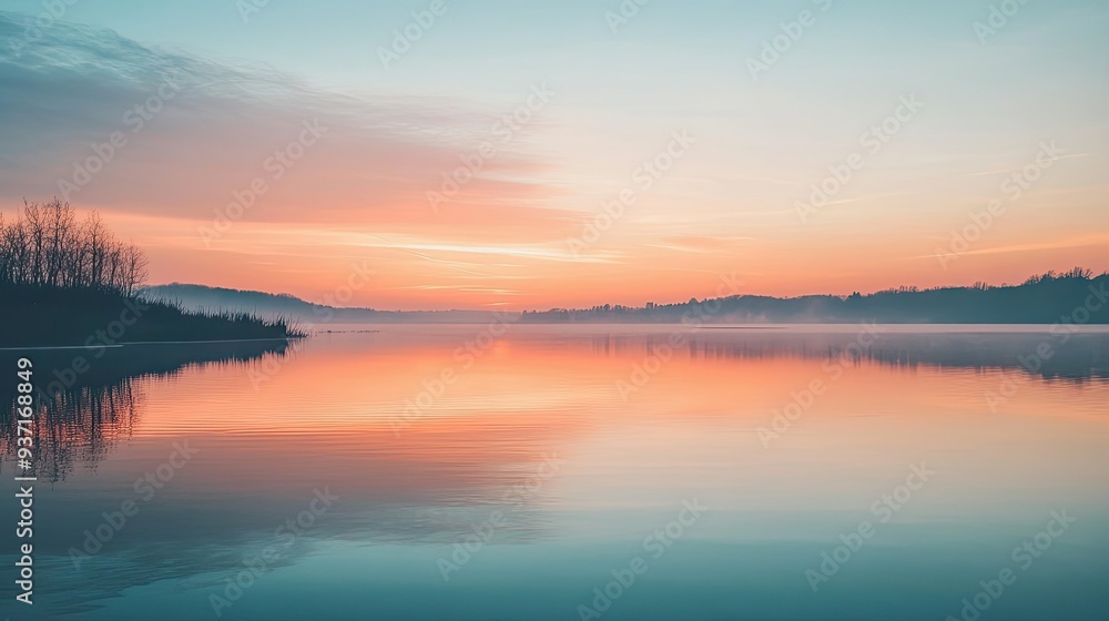 Fototapeta premium Tranquil sunset over a quiet lake with a reflection, leaving space for copy.