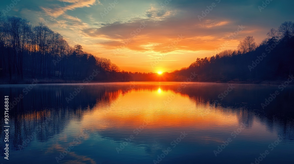Fototapeta premium Tranquil sunset over a quiet lake with a reflection, leaving space for copy.
