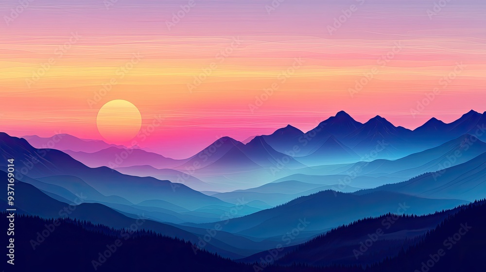 Fototapeta premium Vibrant sunset over a serene mountain landscape, with room for copy.