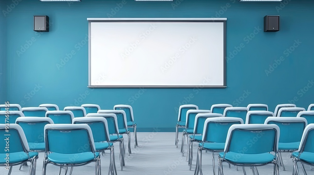 Classroom with a row of neatly arranged chairs and a whiteboard, soft natural light Classroom with a row of neatly arranged chairs and a whiteboard, soft natural light