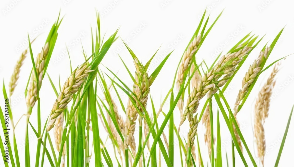 Fototapeta premium Vibrant green wheat stalks against a white background