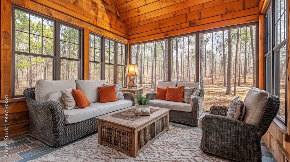 Fototapeta premium A Cozy Living Room with Wicker Furniture and a View of the Woods.