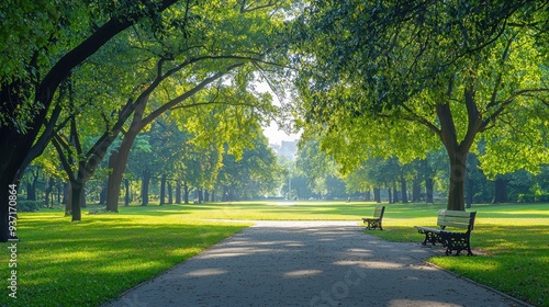 Sunny Pathway Through Lush Green Trees with Benches in a Park